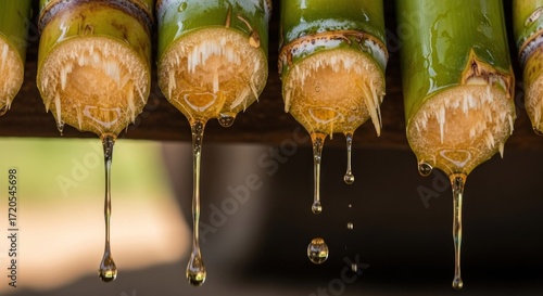 Close-up view of sugarcane stalks dripping with extracted sugary liquid, showcasing the natural process of sugar production.