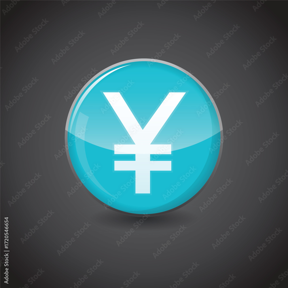 Obraz premium Japanese Yen currency sign Icon on shiny aqua blue sphere. Currency Symbol Vector. Illustration of shiny blue circle. Financial, economic, crypto, investment design concepts