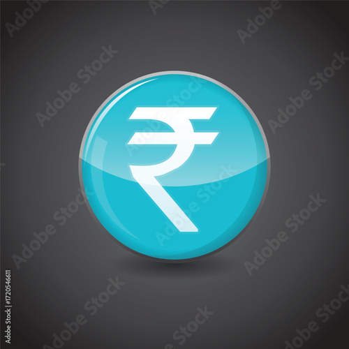 Indian Rupee currency Icon on shiny aqua blue sphere. Currency Symbol Vector. Illustration of shiny blue circle. Financial, economic, crypto, investment design concepts