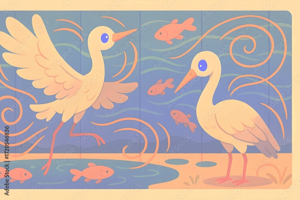 Obraz premium Pastel Cranes and Fish – Soft Japanese Screen Illustration for Children