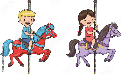 Happy children riding carousel horses at amusement park, boy and girl enjoying fun fairground ride, kids smiling, joyful playtime, entertainment activity
