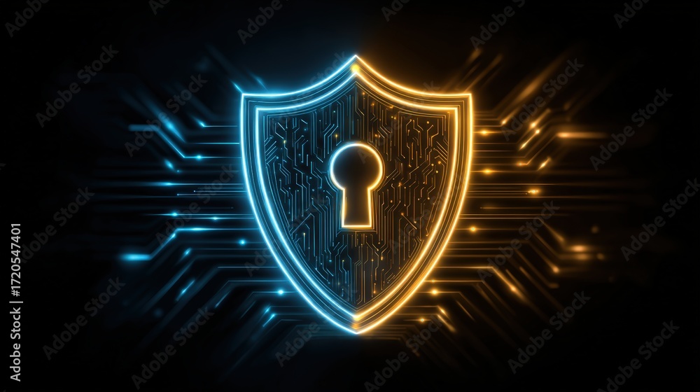 Fototapeta premium Abstract digital background with glowing shield and keyhole, representing cybersecurity, data protection, and technology innovation in modern design