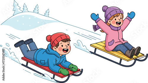 Happy children sledding on snowy hill, winter outdoor fun activity, boy and girl enjoying snow ride together, cartoon illustration, playful childhood