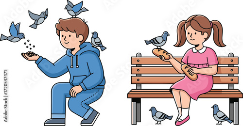 Smiling boy and girl feeding pigeons in park, happy children with bread and seeds, outdoor fun, friendship, kindness, nature care