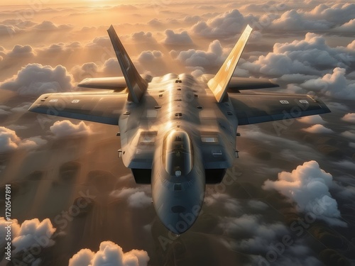 Experience breathtaking power with a fighter jet soaring through the clouds at sunset, ideal for aviation enthusiasts and defense industry projects.