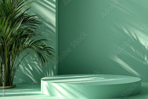Elegant turquoise product podium with tropical plant shadows offers a modern, minimalist aesthetic ideal for showcasing beauty products and contemporary designs