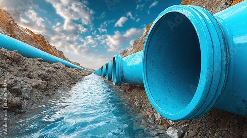 Blue pipes run along a waterway in a dry landscape under a cloudy sky.