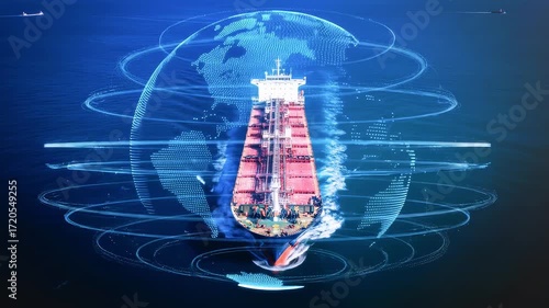 A large cargo ship navigating through digital waves, representing maritime technology and global trade