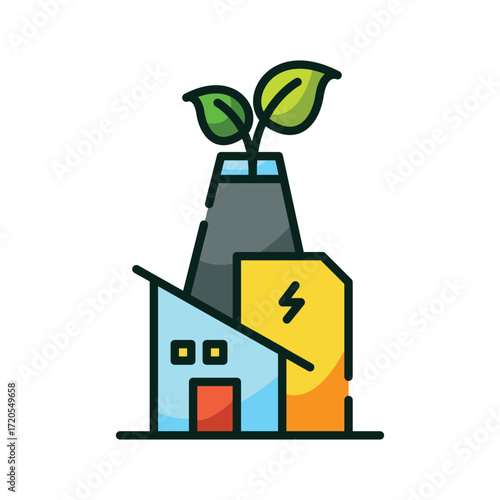 A factory with a smokestack topped by green leaves and a yellow building with a lightning bolt symbol
