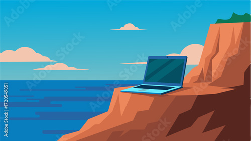 A laptop stands alone on the edge of a cliff its screen displaying an image of the same breathtaking ocean view just moments before.. Vector illustration