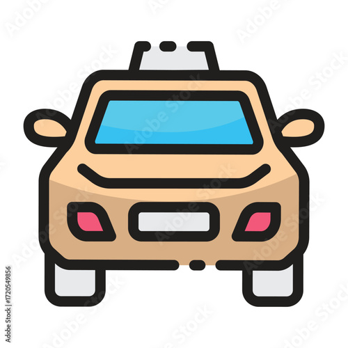 A front view illustration of a tan taxi with a light blue windshield