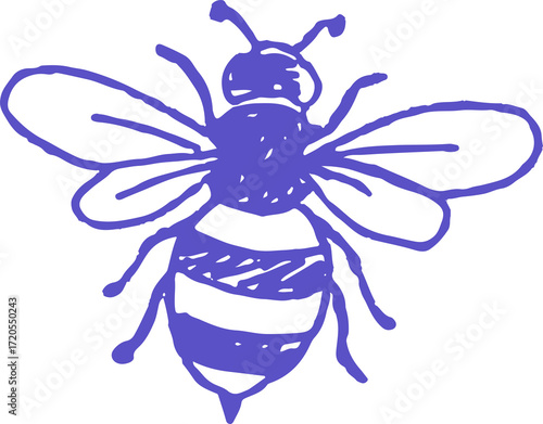 Stylized illustration of a bee, purple, hand-drawn style.