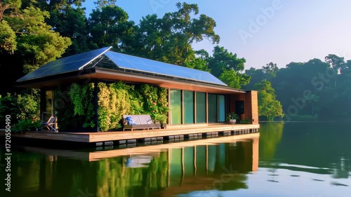 Modern eco-friendly house on a tranquil lake surrounded by lush greenery and morning sunlight
