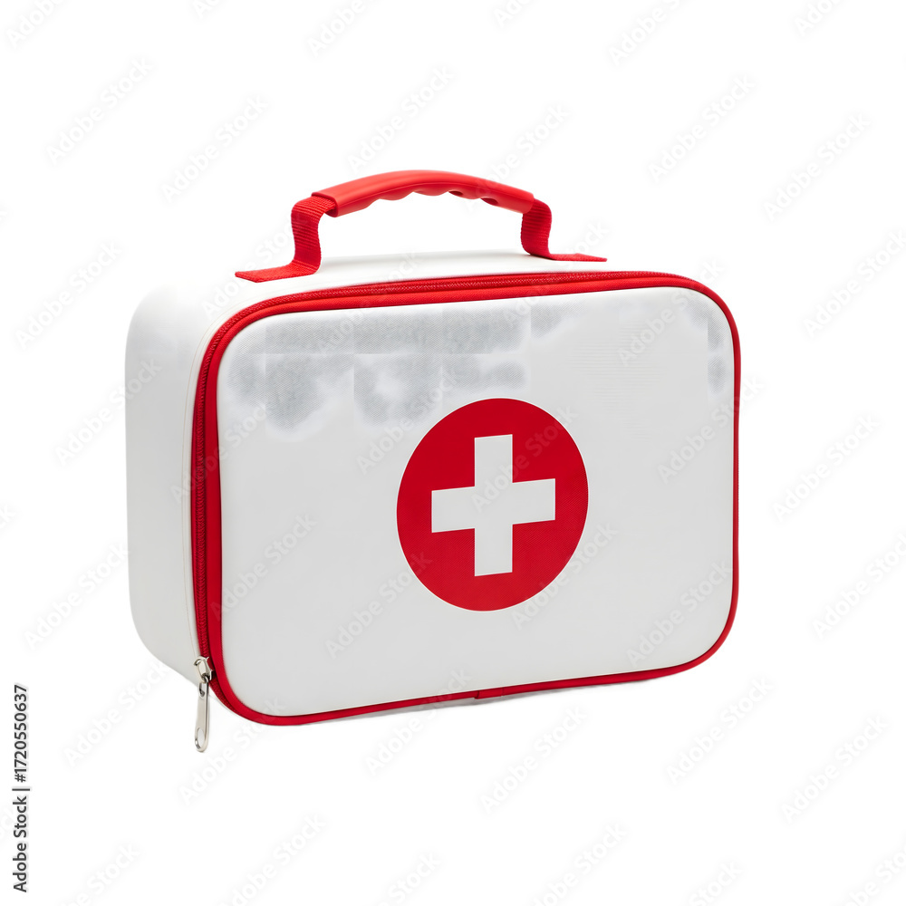 Obraz premium White first aid kit box with red cross symbol and handle, portable medical emergency case for healthcare, safety, and travel use, isolated on white background