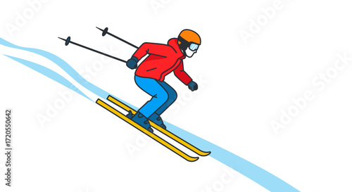 Skier descending a snowy slope, depicted in a simple, colorful line art style.