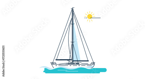 A sailboat glides across the water under a bright sun, with its sails catching the breeze.