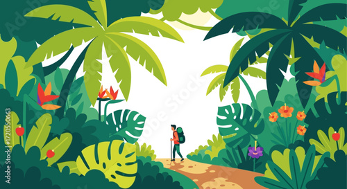 A person with a backpack hikes along a path through a lush, vibrant jungle, surrounded by dense foliage.