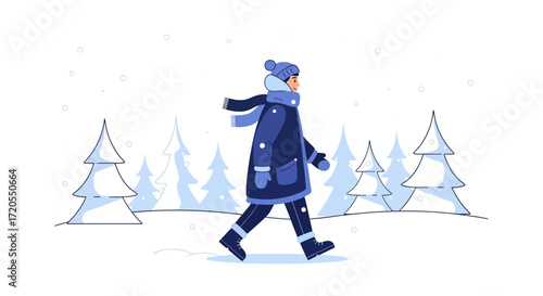 Stylized illustration of a person walking through a snowy winter landscape, wearing warm blue clothing including a hat, scarf, and coat, with snow-covered fir trees in the background.