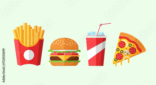 Fast Food Icons Burger, Fries, Pizza, Soda - Delicious Meal Illustration