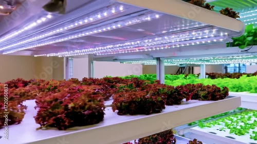 Indoor vertical farm with LED lights growing various types of lettuce in a modern facility