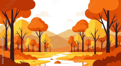 Autumnal Landscape Stream Through Colorful Forest