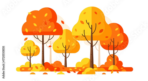 Autumn trees with fallen leaves in a vibrant orange and yellow color palette, representing the beauty of the fall season