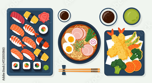 Delicious Japanese Cuisine Sushi, Ramen, and Tempura on a Modern Flat Lay