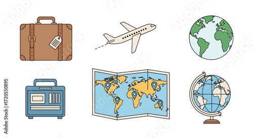 Travel Icons Suitcase, Airplane, Globe, Map, and More