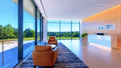 Modern office interior with large windows showcasing a green landscape and stylish furniture