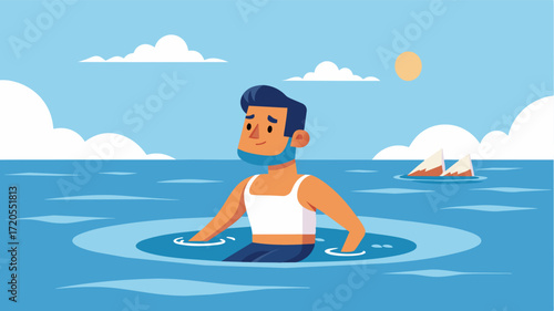 An accounting freelancer takes a break from numbercrunching to enjoy a dip in the ocean feeling rejuvenated and inspired by the refreshing waters.. Vector illustration