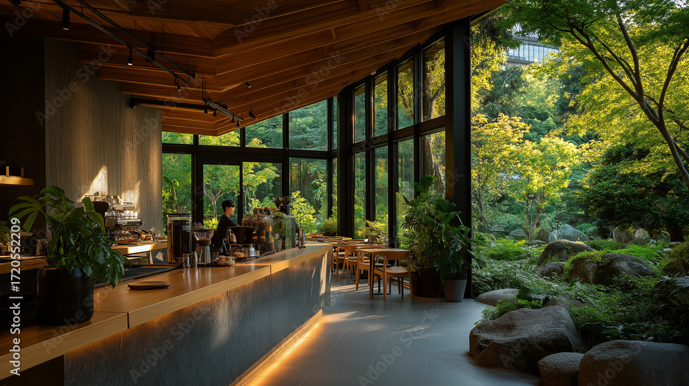 Fototapeta premium Serene Cafe with Lush Garden View: A minimalist cafe interior, seamlessly merging with an enchanting outdoor scene, boasting panoramic windows that frame a tranquil garden.