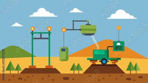 A visualization of how soil sampling machines can be used for sitespecific management providing accurate information for targeted application of fertilizers and other inputs.. Vector illustration