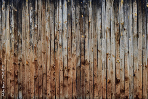 Vertical wood board background severely weathered. Blackish, grayish and brownish wooden wall.