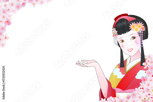 案内する舞妓さんと桜の主線ありフレーム