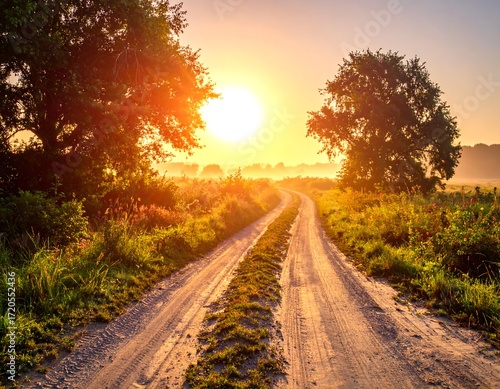 A sunlit country road disappearing into a misty sunrise