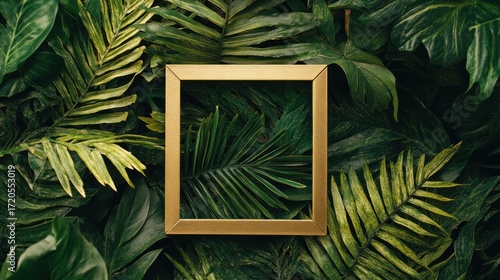 Golden Frame in Lush Tropical Foliage: A Vibrant Display of Nature's Beauty