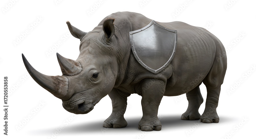 Fototapeta premium A rhinoceros with a shield. The image represents protection and strength.