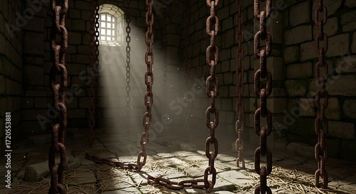 Dark, stone dungeon with hanging rusty chains and light streaming through a barred window.