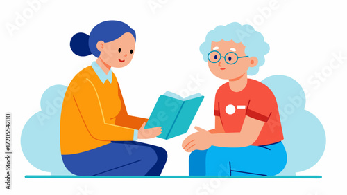 A caregiver sitting oneonone with a patient patiently teaching them how to do simple memory exercises as part of their training to support patients with memory loss.. Vector illustration