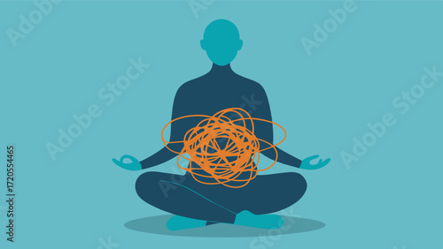 A person holding a tangled ball of string representing the chaos and clutter of the mind. However as they start to meditate the string begins to untangle itself symbolizing the. Vector illustration