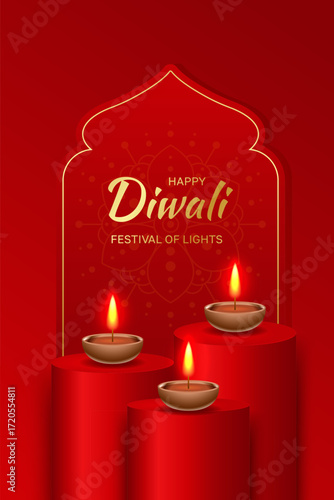 Happy Diwali vertical banner, card with diya lamps, podiums and mandala pattern. Traditional Indian festival of lights. Vector illustration in festive ethnic style