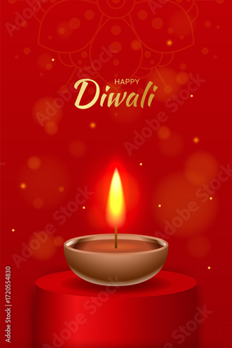 Happy Diwali vertical banner with diya lamp and podium. Traditional Indian festival of lights Shubh Deepavali. Vector illustration for culture and tradition