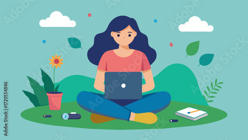 A woman sits crosslegged on the grass editing photos on her laptop for her freelance photography business.. Vector illustration