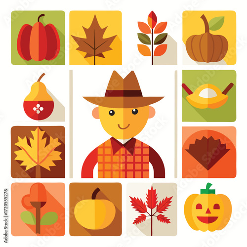 Autumn Harvest Farmer and Seasonal Icons Keywords: autumn, fall, harvest, farmer, pumpkin, maple