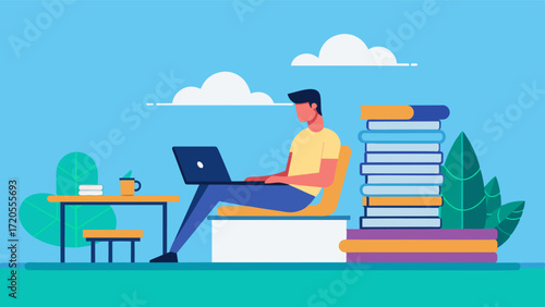A laptop and stack of files sit on a small table beside a pool as a man works while lounging in a nearby chair.. Vector illustration