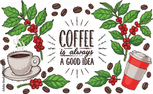 Vibrant coffee illustration with beans, leaves, and text, always a good idea for a cafe design