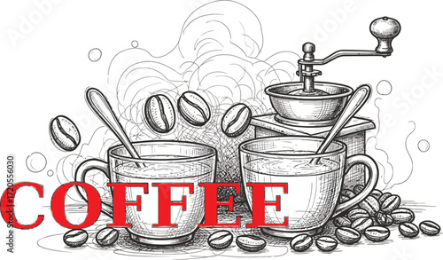 Freshly brewed coffee with beans and grinder, perfect for cafe menus or cozy branding