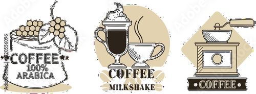 Delicious coffee shop illustrations showing Arabica beans, latte art, and vintage coffee grinder