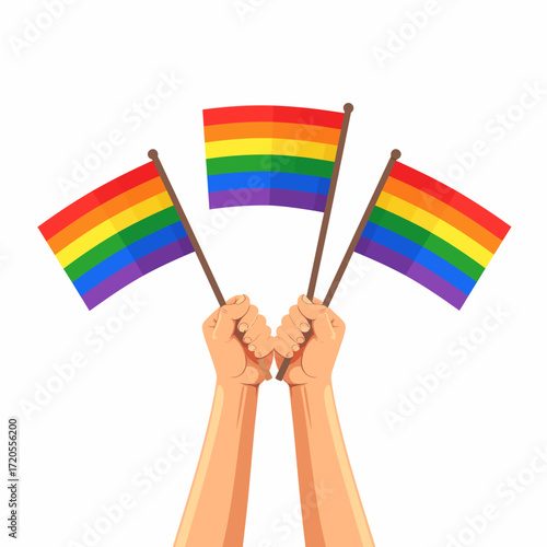 Hands holding three rainbow flags, symbol of LGBTQ+ pride and community.