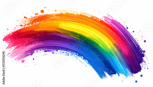 Colorful rainbow brush stroke with paint splatters on a white background.